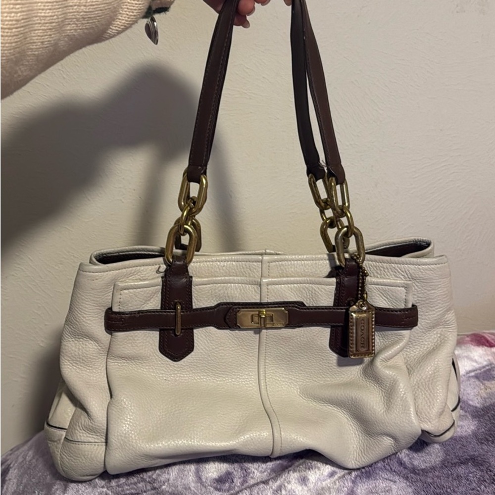Elegant White and Brown Leather Handbag
